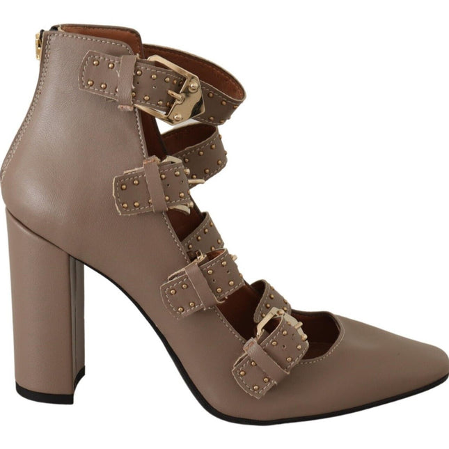 MY TWIN Brown Leather Block Heels Multi Buckle Pumps Shoes