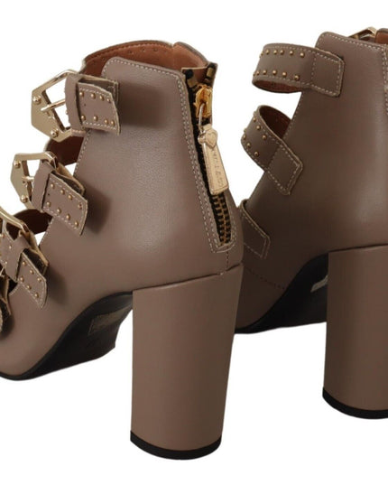 MY TWIN Brown Leather Block Heels Multi Buckle Pumps Shoes