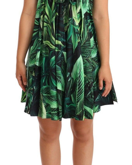 Dolce & Gabbana Green Leaves Print Cotton Flared Mini Dress