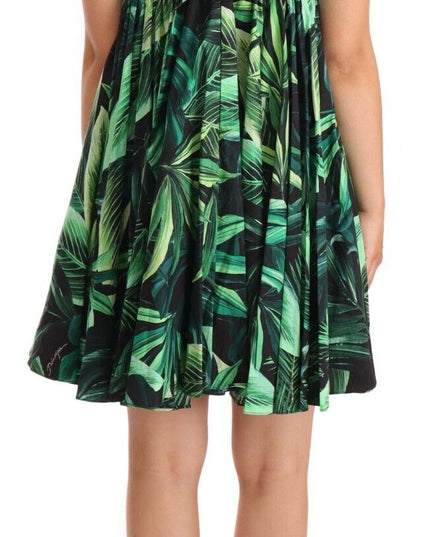Dolce & Gabbana Green Leaves Print Cotton Flared Mini Dress