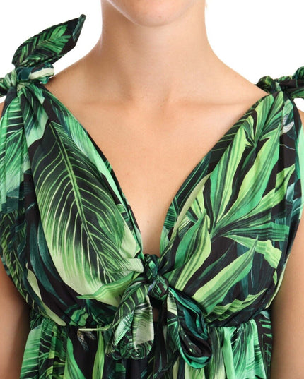 Dolce & Gabbana Green Leaves Print Cotton Flared Mini Dress