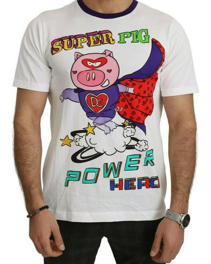 Dolce & Gabbana White Cotton Top Super Power Pig T-shirt
