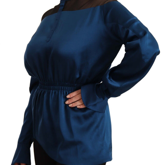 Masha Ma Blue Silk Long Sleeves Elastic Waist Top Blouse