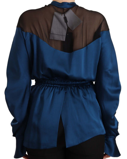 Masha Ma Blue Silk Long Sleeves Elastic Waist Top Blouse