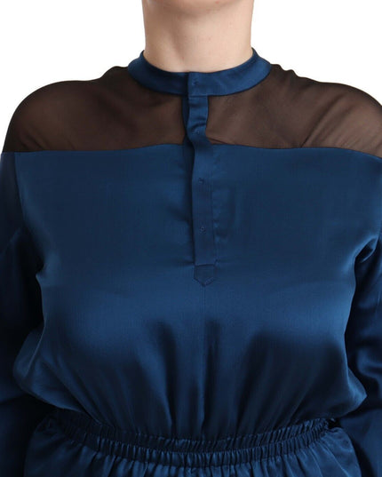Masha Ma Blue Silk Long Sleeves Elastic Waist Top Blouse