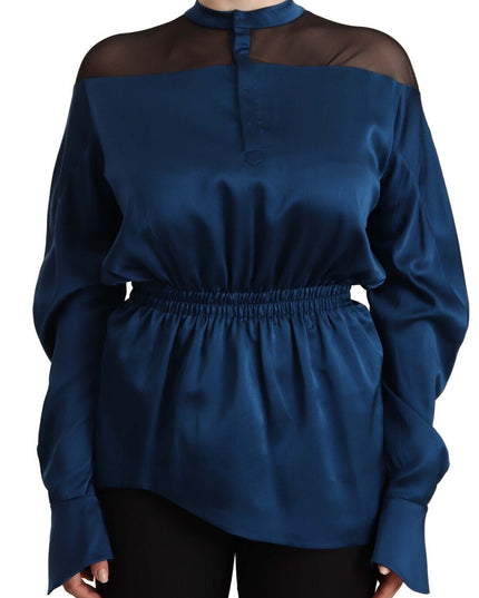 Masha Ma Blue Silk Long Sleeves Elastic Waist Top Blouse