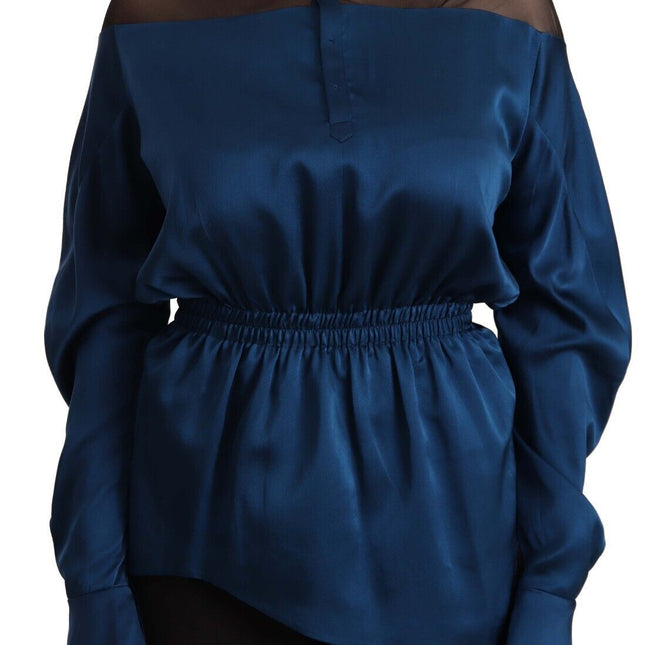 Masha Ma Blue Silk Long Sleeves Elastic Waist Top Blouse