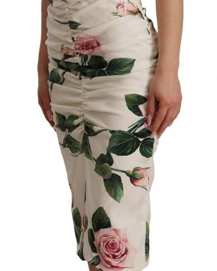 Dolce & Gabbana White Roses Print Stretch Silk Pleated Dress