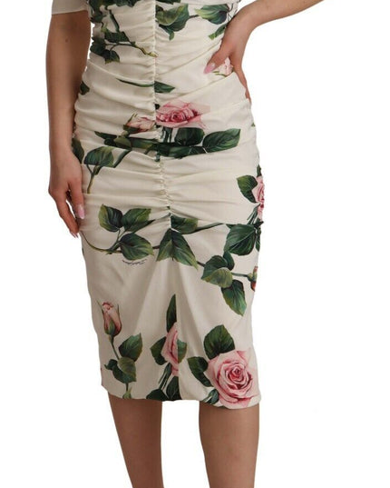 Dolce & Gabbana White Roses Print Stretch Silk Pleated Dress