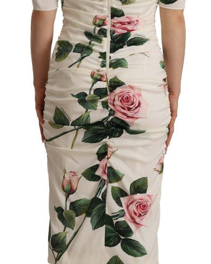 Dolce & Gabbana White Roses Print Stretch Silk Pleated Dress