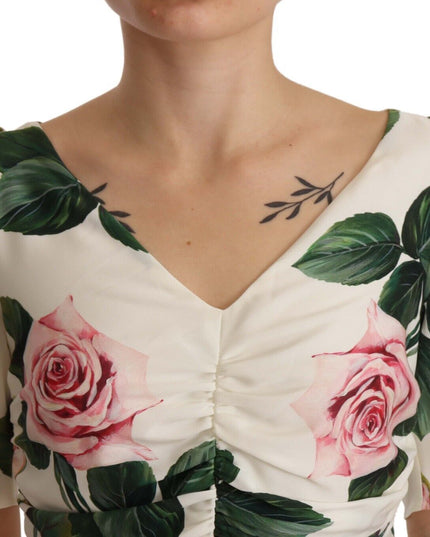 Dolce & Gabbana White Roses Print Stretch Silk Pleated Dress