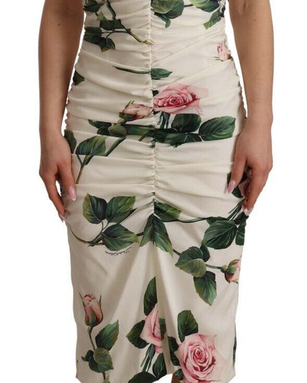 Dolce & Gabbana White Roses Print Stretch Silk Pleated Dress
