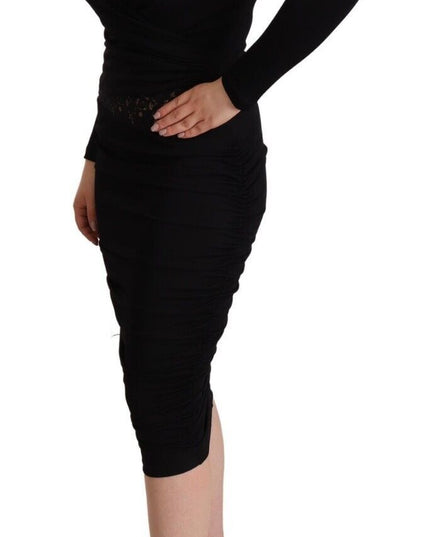 GF Ferre Black Long Sleeves Sweetheart Neck Midi Dress