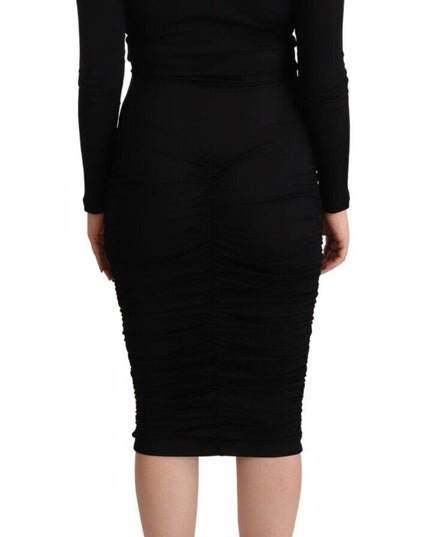 GF Ferre Black Long Sleeves Sweetheart Neck Midi Dress