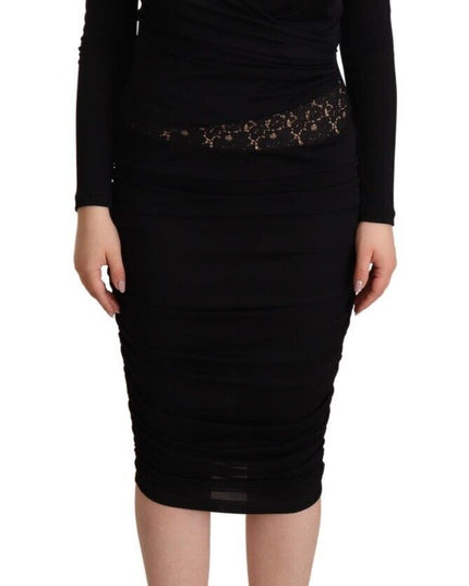 GF Ferre Black Long Sleeves Sweetheart Neck Midi Dress