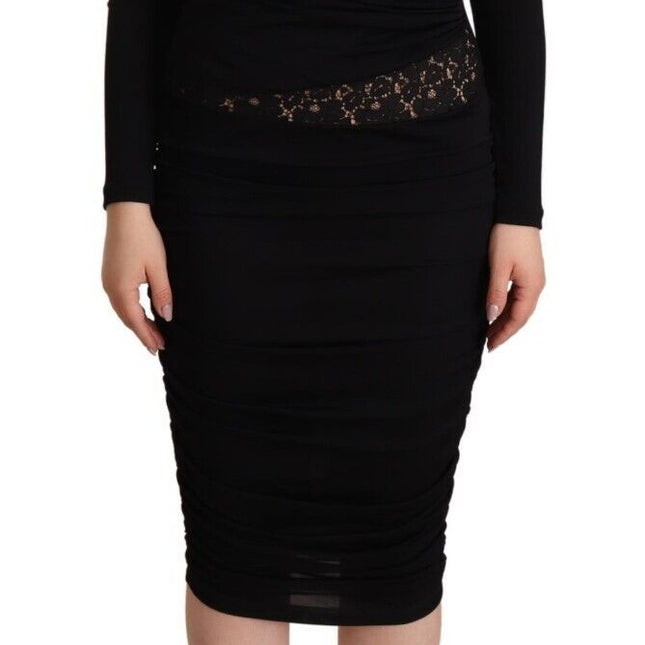 GF Ferre Black Long Sleeves Sweetheart Neck Midi Dress