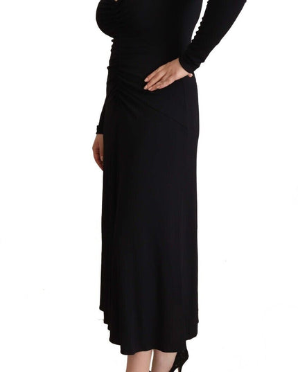 PINKO Black Nylon Stretch Long Sleeves Deep V-neck Maxi Dress
