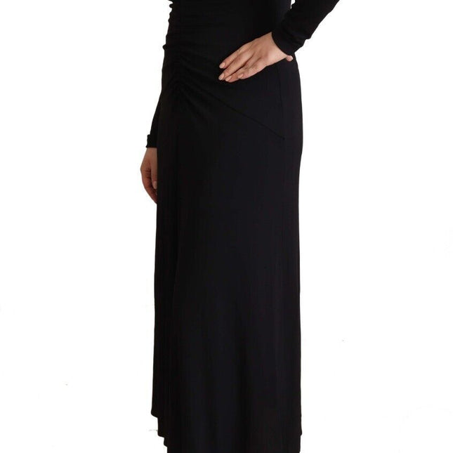 PINKO Black Nylon Stretch Long Sleeves Deep V-neck Maxi Dress