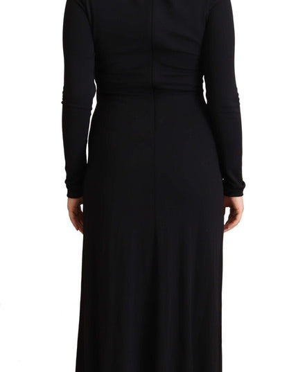 PINKO Black Nylon Stretch Long Sleeves Deep V-neck Maxi Dress