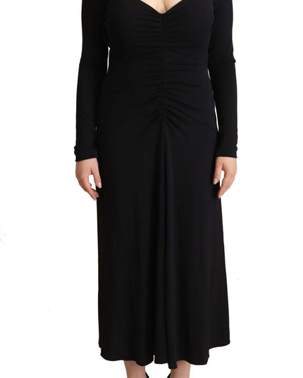 PINKO Black Nylon Stretch Long Sleeves Deep V-neck Maxi Dress