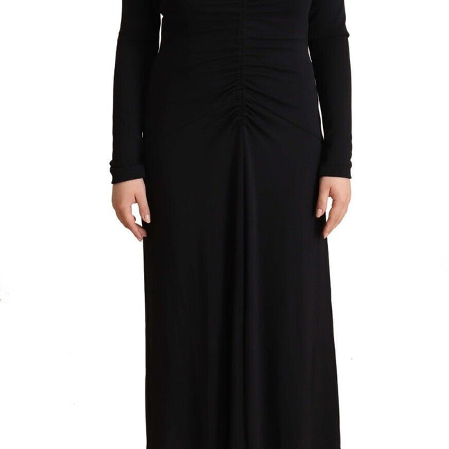 PINKO Black Nylon Stretch Long Sleeves Deep V-neck Maxi Dress