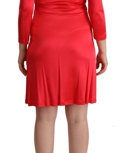 John Galliano Red Viscose 3/4 Sleeves Deep Round Neck Sheath Dress