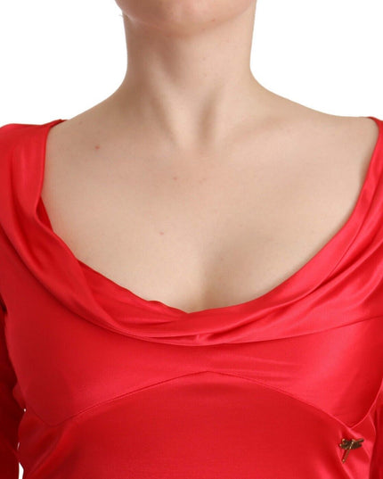 John Galliano Red Viscose 3/4 Sleeves Deep Round Neck Sheath Dress