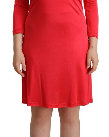 John Galliano Red Viscose 3/4 Sleeves Deep Round Neck Sheath Dress