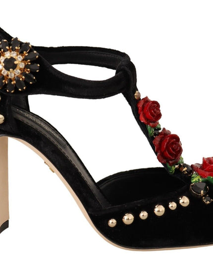 Dolce & Gabbana Black Mary Jane Pumps Roses Crystals Shoes