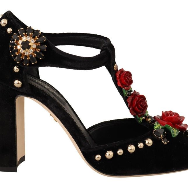 Dolce & Gabbana Black Mary Jane Pumps Roses Crystals Shoes