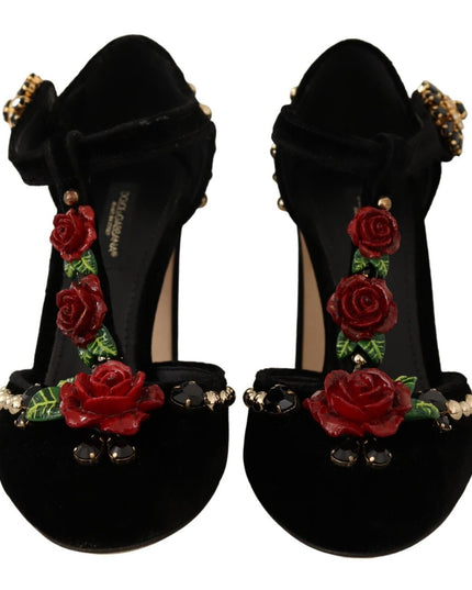 Dolce & Gabbana Black Mary Jane Pumps Roses Crystals Shoes