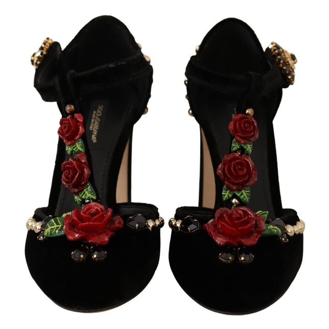 Dolce & Gabbana Black Mary Jane Pumps Roses Crystals Shoes
