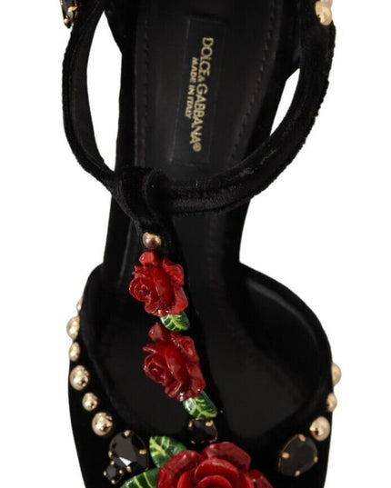 Dolce & Gabbana Black Mary Jane Pumps Roses Crystals Shoes