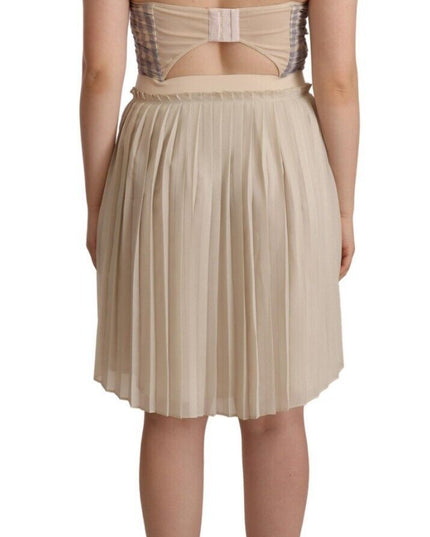 Guess Beige Checkered Pleated A-line Strapless Bustier Dress