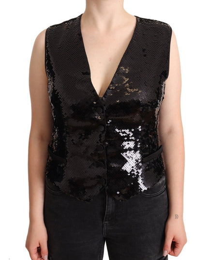 Dolce & Gabbana Black Sequin V-Neck Sleeveless Vest Tank Top