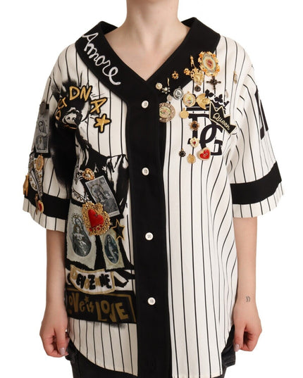 Dolce & Gabbana White Cotton Crystal Charms Amore Shirt