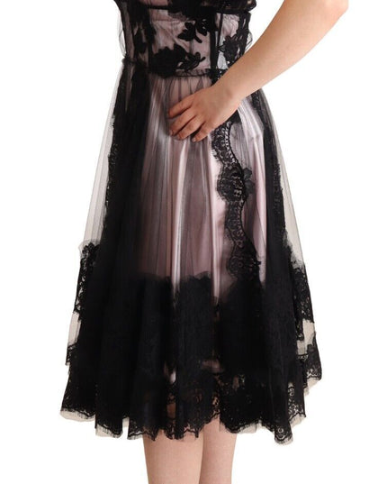Dolce & Gabbana Black Pink Floral Lace A-line Midi Sheer Dress
