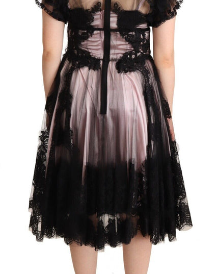 Dolce & Gabbana Black Pink Floral Lace A-line Midi Sheer Dress