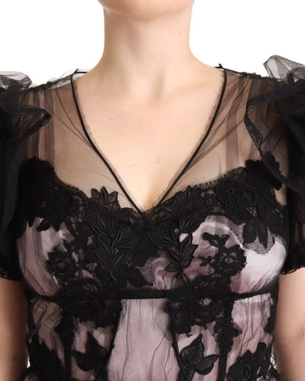 Dolce & Gabbana Black Pink Floral Lace A-line Midi Sheer Dress
