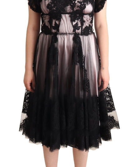 Dolce & Gabbana Black Pink Floral Lace A-line Midi Sheer Dress