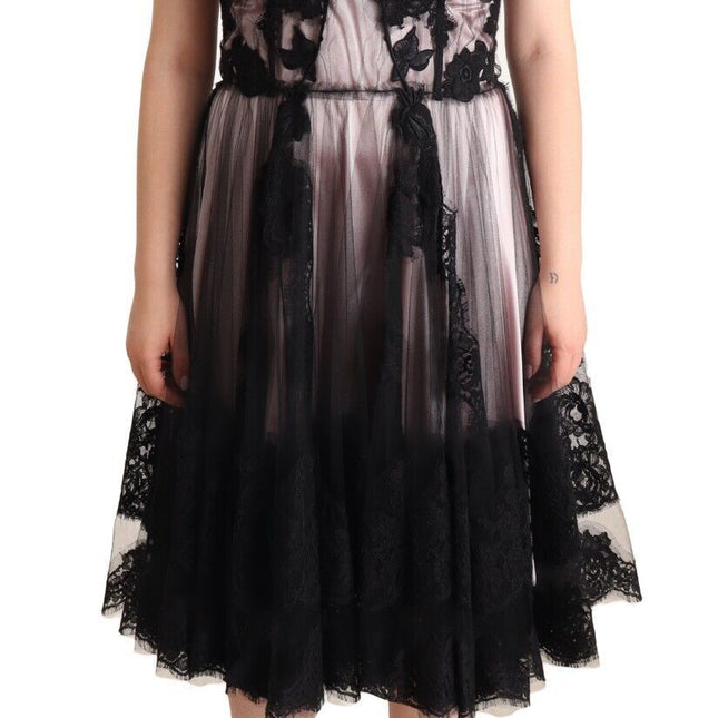 Dolce & Gabbana Black Pink Floral Lace A-line Midi Sheer Dress