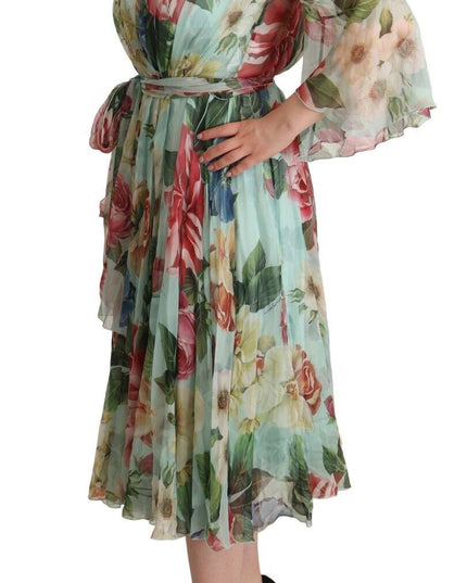 Dolce & Gabbana Green Floral Long Sleeves V-neck Midi Dress