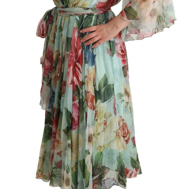Dolce & Gabbana Green Floral Long Sleeves V-neck Midi Dress