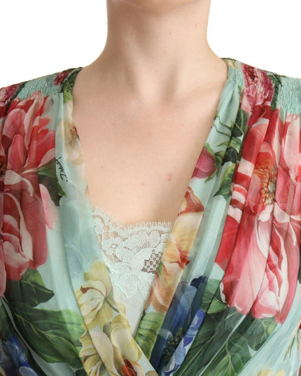 Dolce & Gabbana Green Floral Long Sleeves V-neck Midi Dress