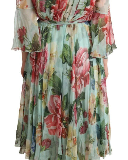 Dolce & Gabbana Green Floral Long Sleeves V-neck Midi Dress