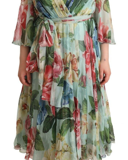 Dolce & Gabbana Green Floral Long Sleeves V-neck Midi Dress