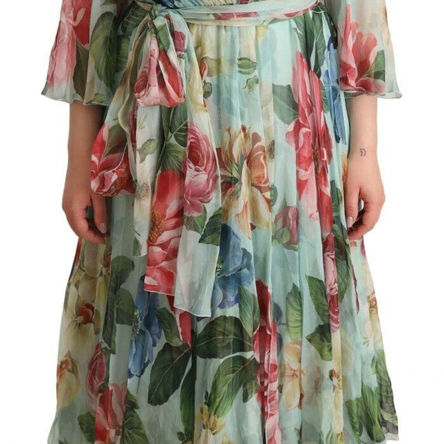 Dolce & Gabbana Green Floral Long Sleeves V-neck Midi Dress