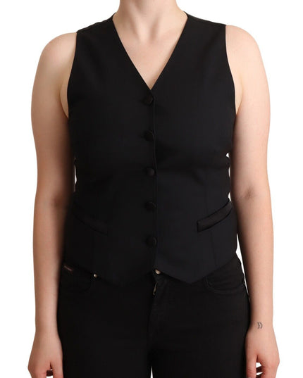 Dolce & Gabbana Black Button Down Sleeveless Viscose Vest Top