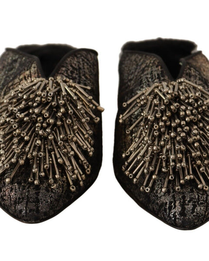 Paola D'Arcano Gold Jacquard Leather Embellished Slip On Shoes