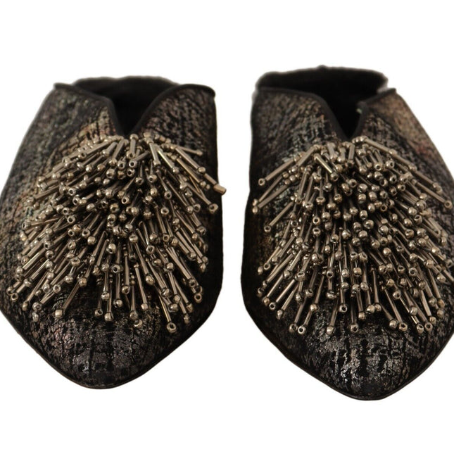 Paola D'Arcano Gold Jacquard Leather Embellished Slip On Shoes